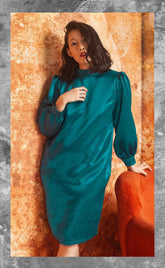 Velvet midi dress with high neckline and gathered sleeve detail for an elegant silhouette